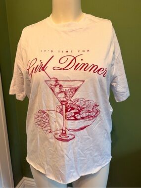 Bluenotes White Tee with Pink 'Girl Dinner' Graphic